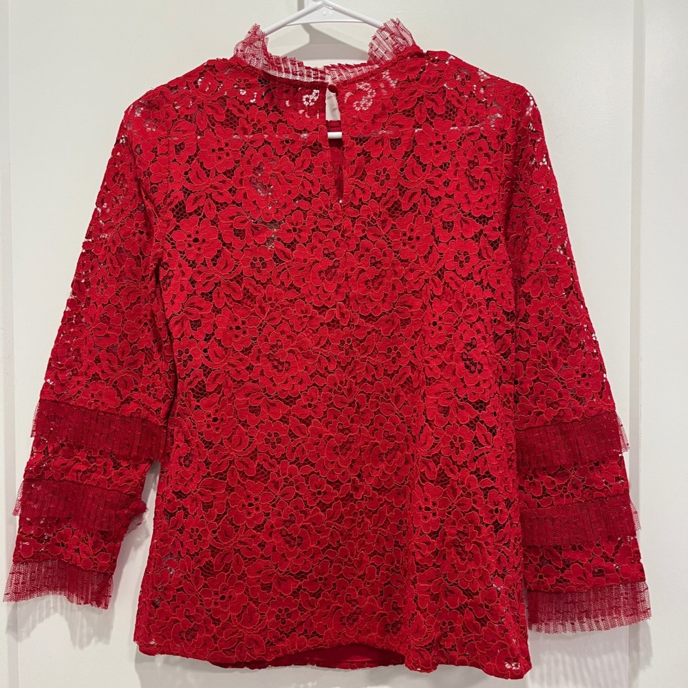 J.Crew Red Floral Corded Lace Mock Neck Ruffle Sleeve Blouse AU229 XXS NEW